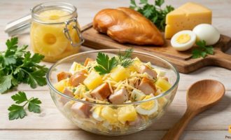 Салат с копченой курицей ананасами и сыром