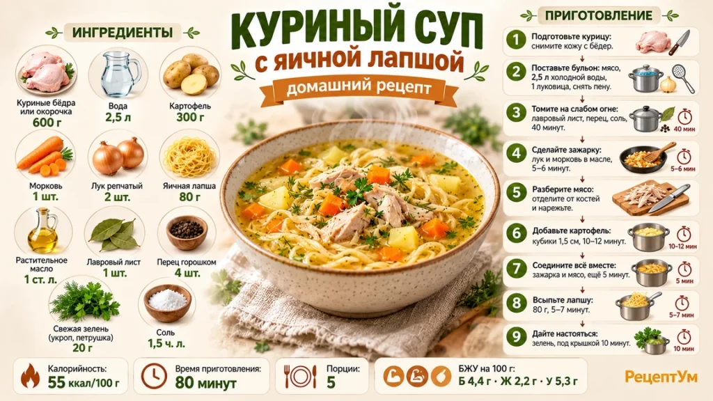 Куриный суп с яичной лапшой на светлом бульоне