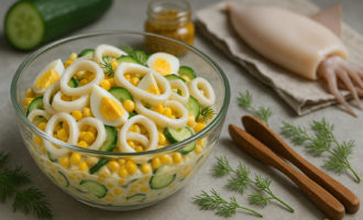 Салат с кальмарами и кукурузой