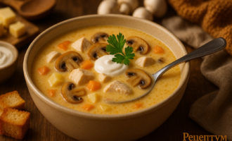 Сырный суп с курицей и грибами