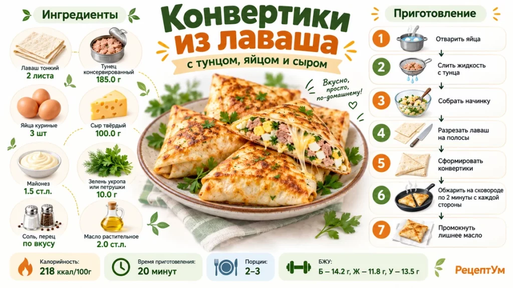 Конвертики из лаваша с консервированным тунцом