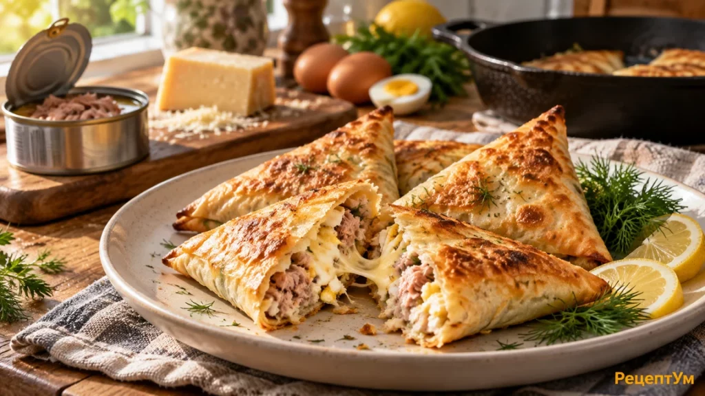 Конвертики из лаваша с консервированным тунцом, яйцом и сыром