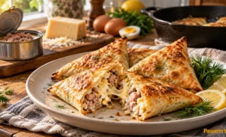Конвертики из лаваша с консервированным тунцом, яйцом и сыром