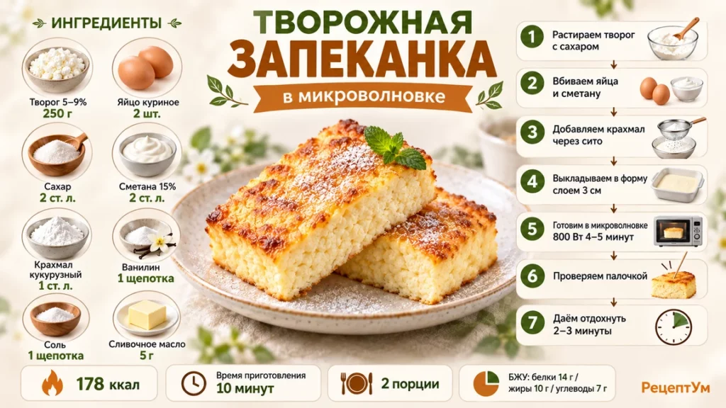 Творожная запеканка в микроволновке за 5 минут
