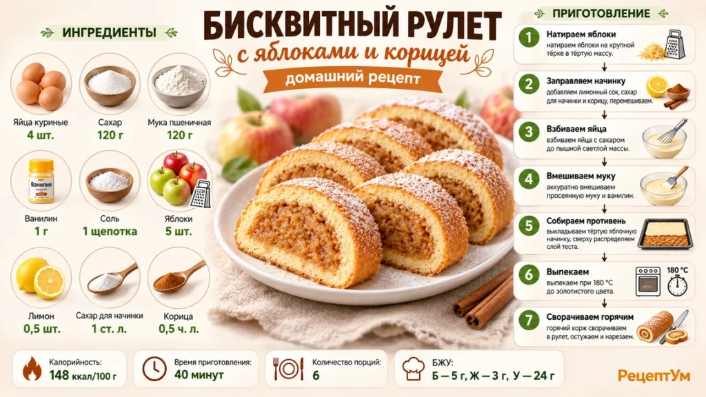 Бисквитный рулет с яблоками и корицей