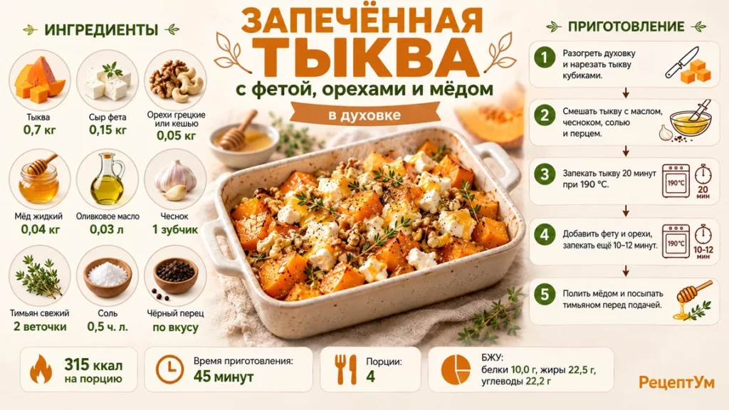 Запеченная тыква с фетой, орехами и медом