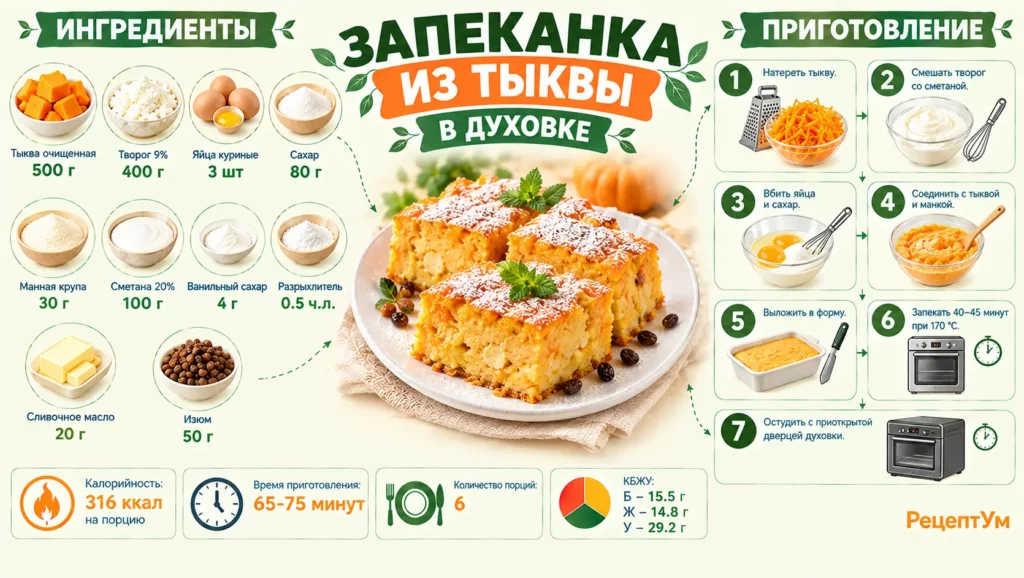 Запеканка из тыквы в духовке с манкой и изюмом