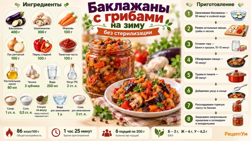Баклажаны с грибами на зиму без стерилизации