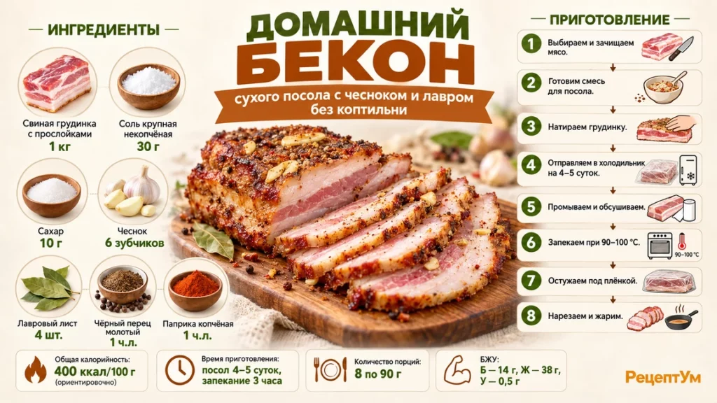Домашний бекон сухого посола с чесноком и лавровым листом