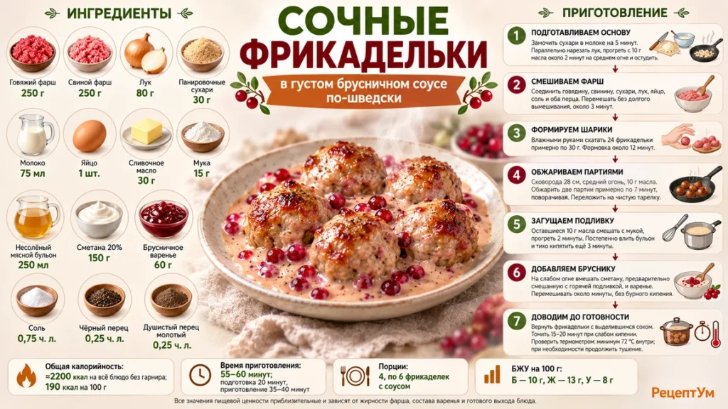 Фрикадельки по-шведски в брусничном соусе  за 1 час