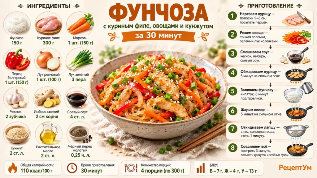 Фунчоза с овощами, куриным филе и кунжутом