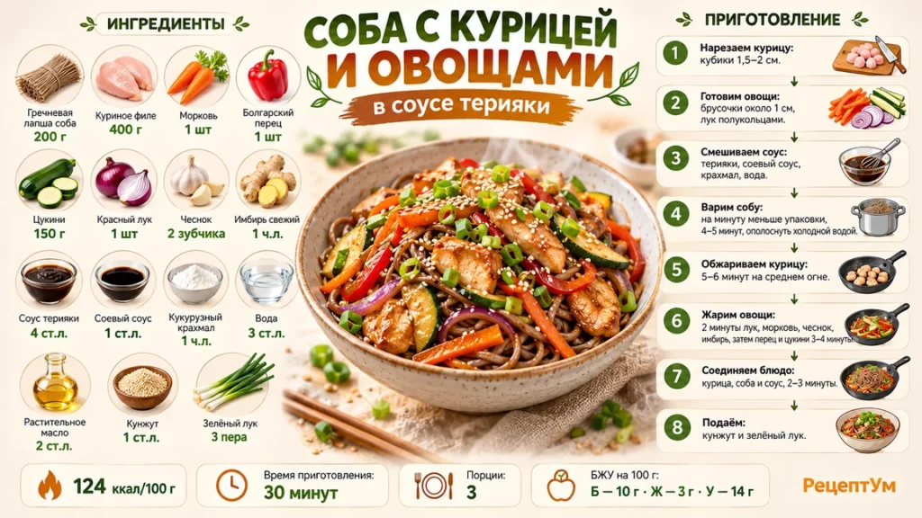 Гречневая лапша соба с курицей и овощами
