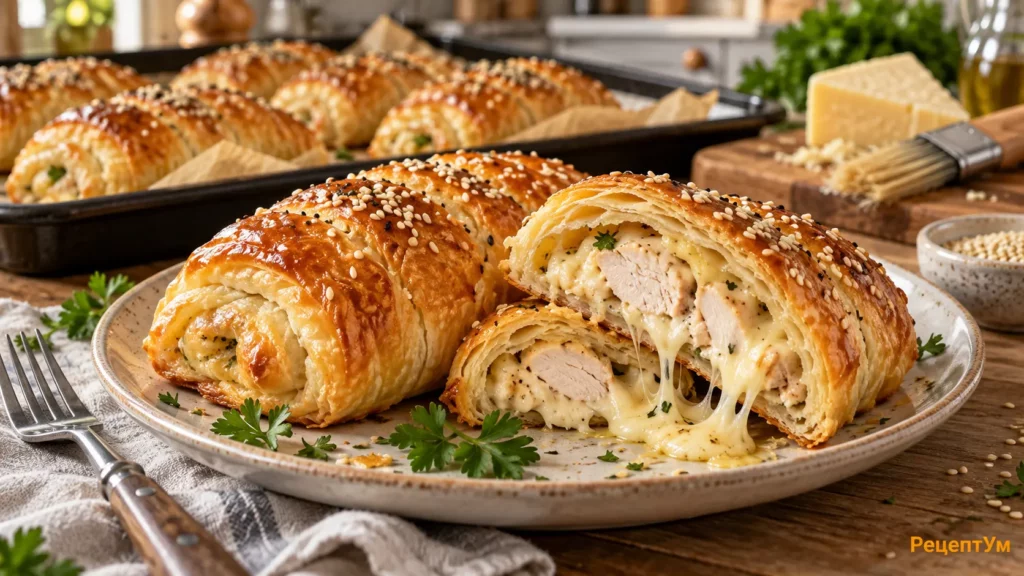 Куриные рулеты с сыром в слоеном тесте