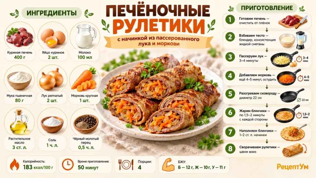 Печеночные рулетики с пассерованным луком и морковью