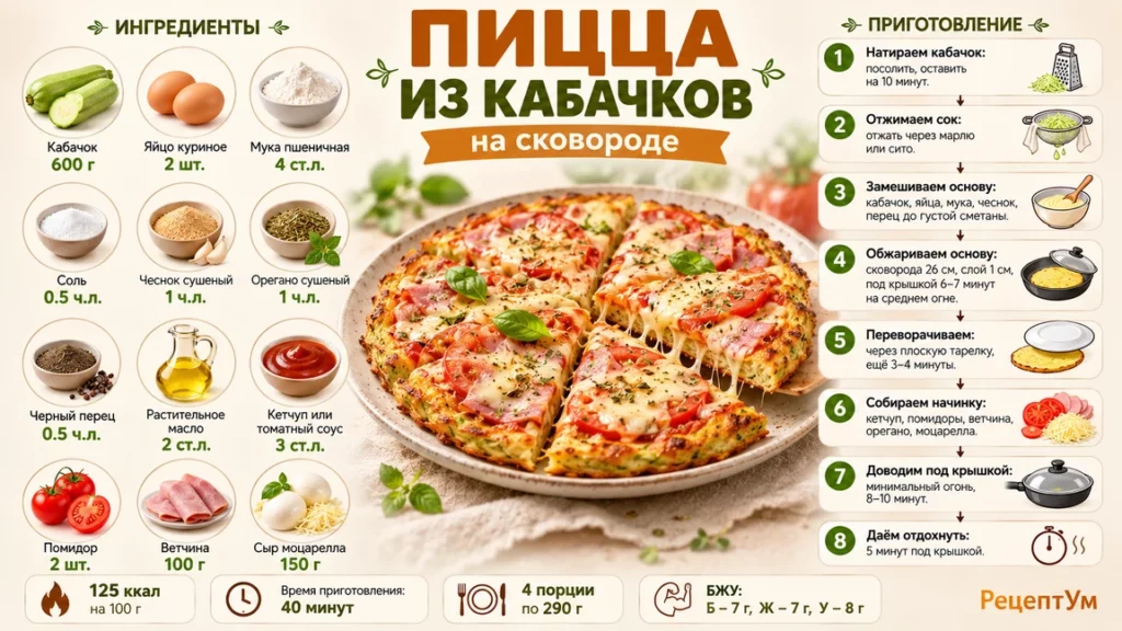 Пицца из кабачков на сковороде за 40 минут