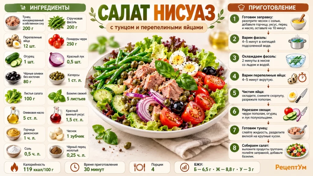 Салат Нисуаз с тунцом и перепелиными яйцами