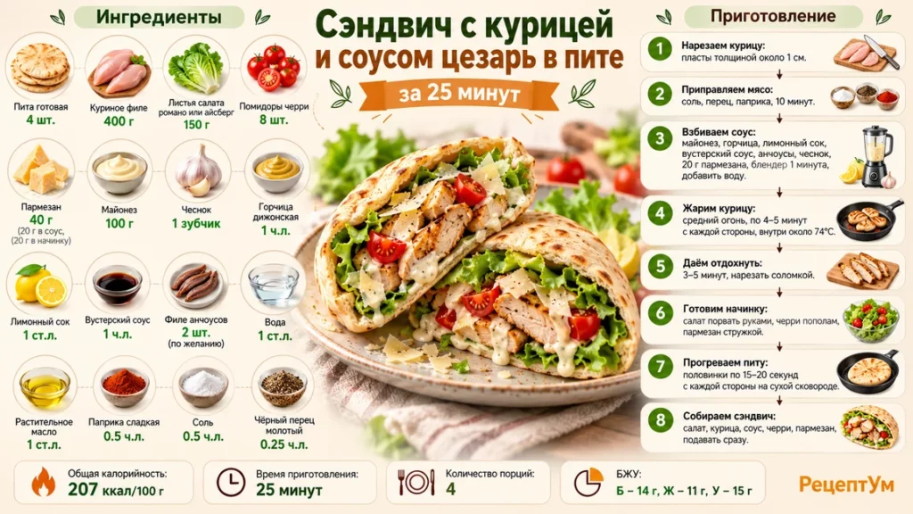 Нежный сэндвич с курицей и соусом цезарь в пите за 25 минут