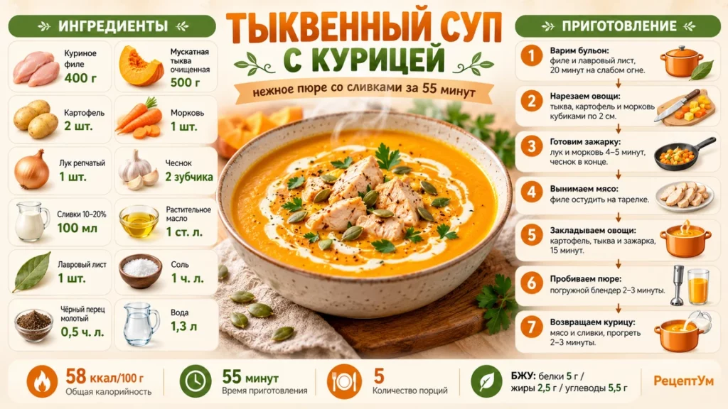 Тыквенный суп с курицей и сливками