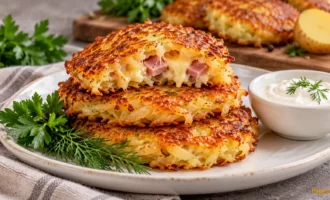 Драники с ветчиной и сыром на тарелке, золотистая корочка, зелень
