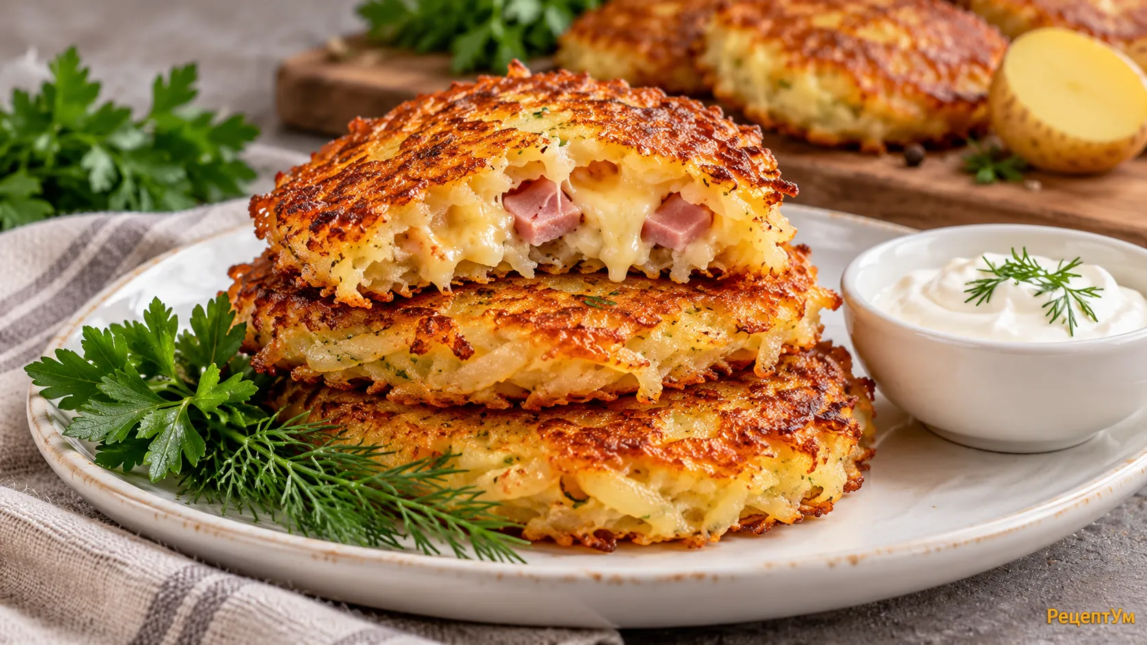 Драники с ветчиной и сыром на тарелке, золотистая корочка, зелень