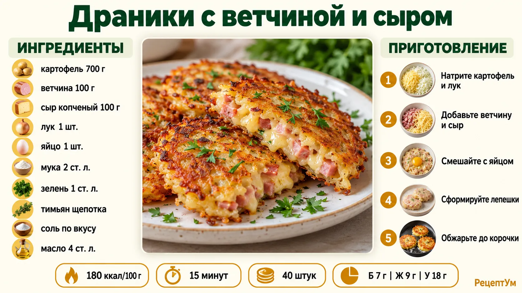 Инфографика рецепта драников с ветчиной и сыром: ингредиенты, шаги, время