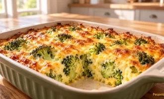 Золотистая запеканка из брокколи с сыром и яйцом в форме для запекания