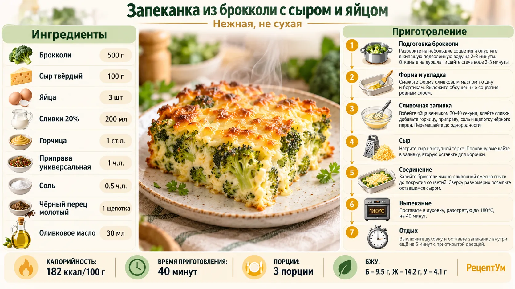 Инфографика с ингредиентами и шагами запеканки из брокколи с сыром и яйцом