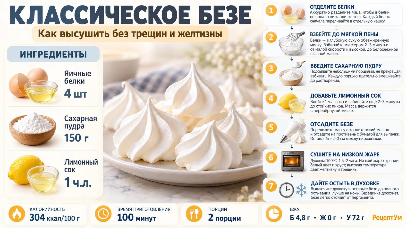 Инфографика с ингредиентами и этапами приготовления классического безе