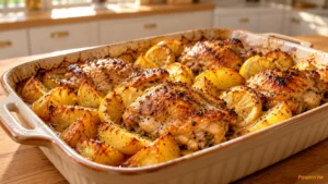 Греческая курица на кости с картофелем, помидорами черри и фетой на противне из духовки