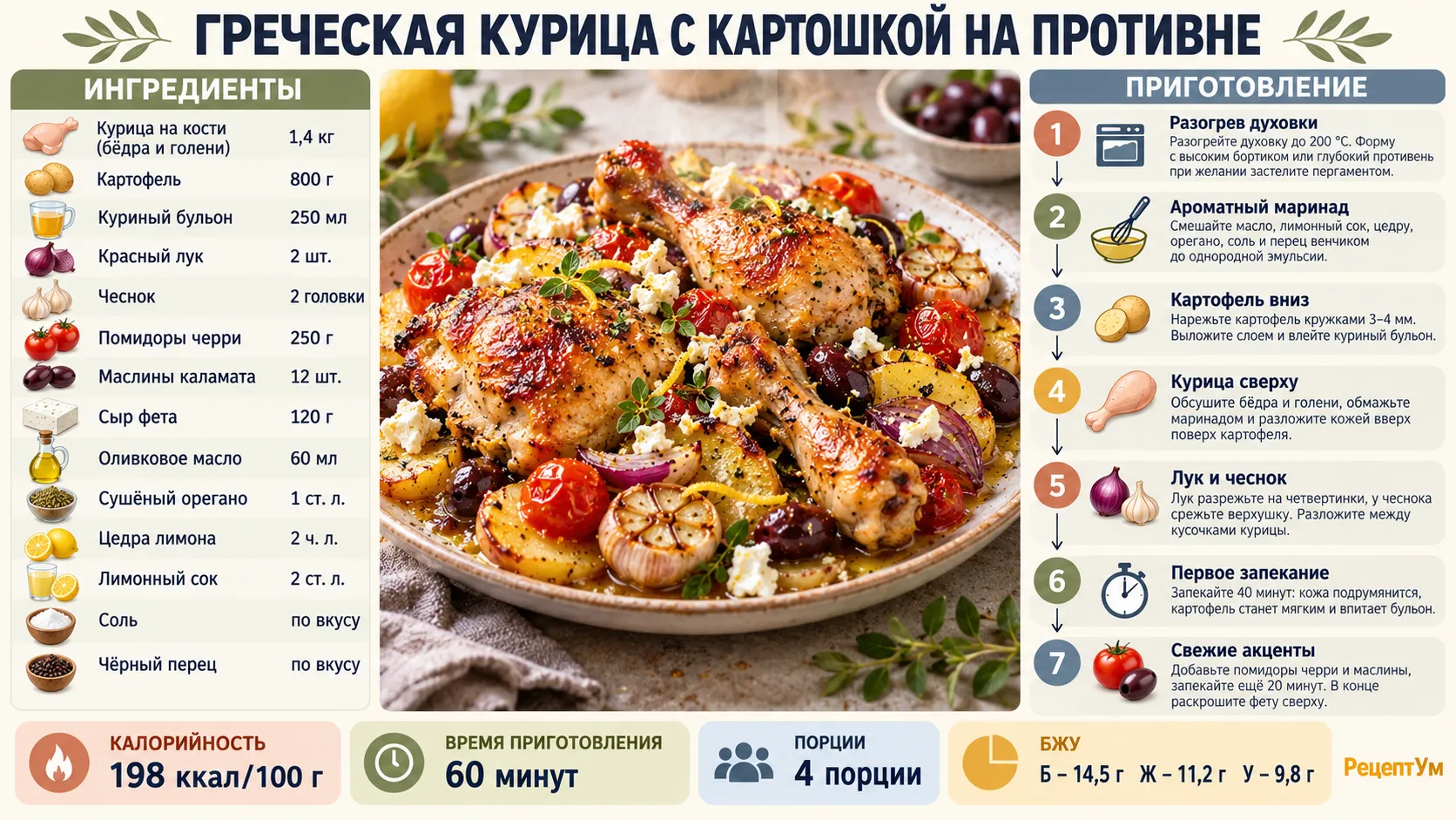 Инфографика с ингредиентами и этапами запекания греческой курицы с картошкой на противне