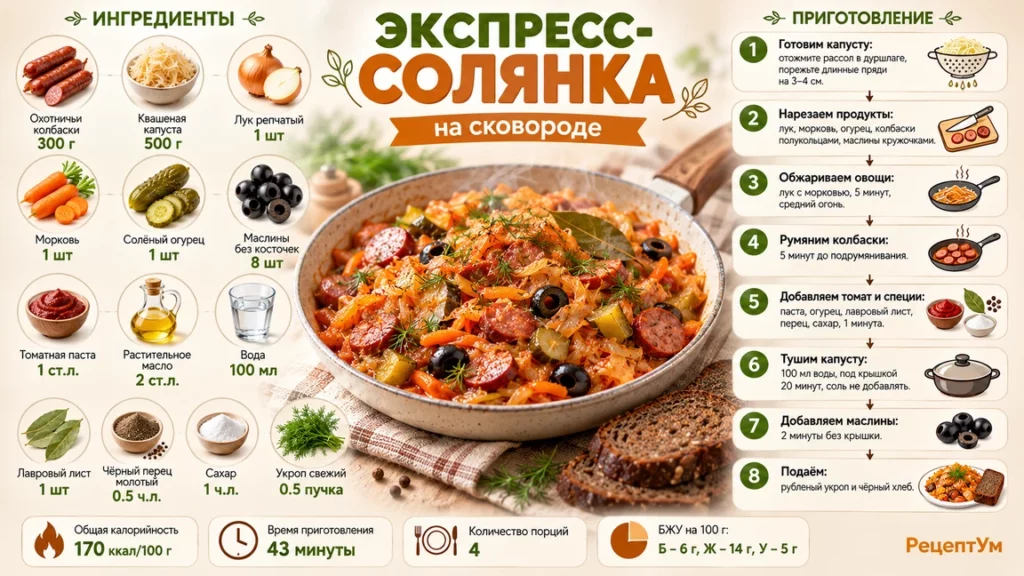 Солянка на сковороде из квашенной капусты и охотничьих колбасок