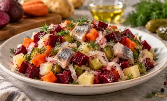 Винегрет с селёдкой в белой тарелке, кусочки свёклы, моркови, картофеля, огурцов и сельди с зеленью